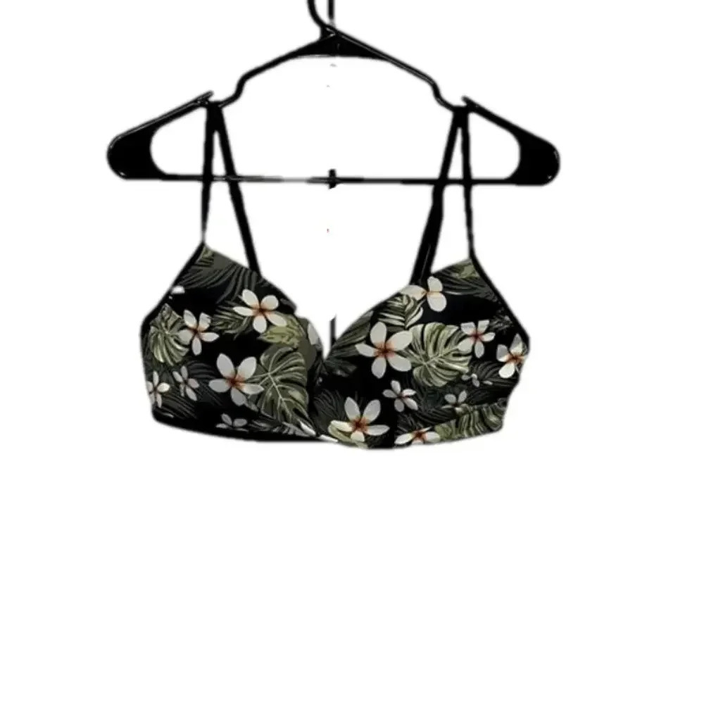 Large floral leaf bikini‎ top push up black white bikini top adjustable straps